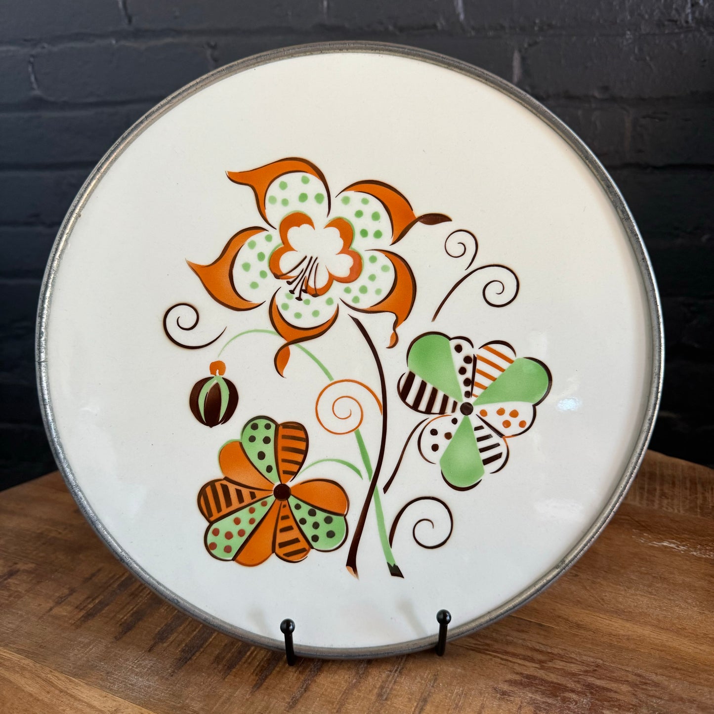 Vintage Floral Serving Platter with Metal Rim